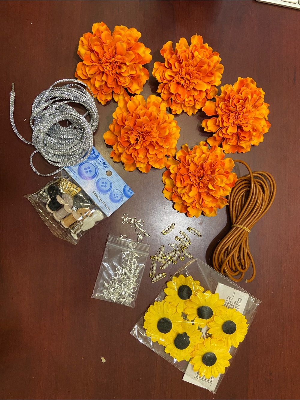 CRAFT LOT: Artificial Flowers, Sewing Buttons, Leather, Clasps & More